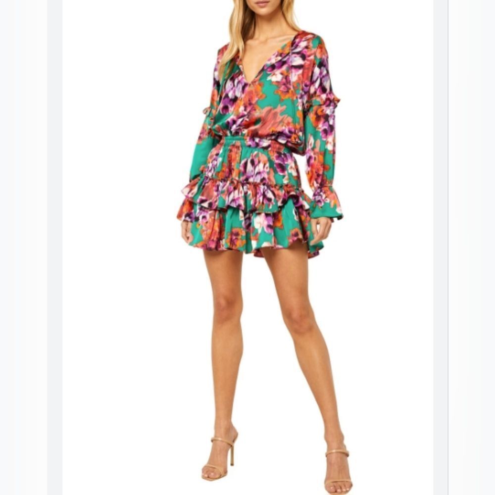 Misa Los Angeles Amalya Size Medium Green Floral Ruffled Long Sleeves Mini Dress